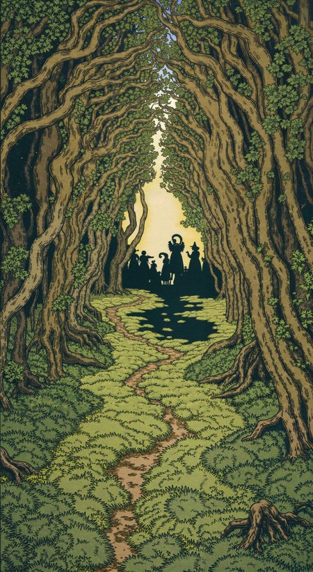 An illustration in the style of Ivan Bilibin depicting a magical forest with tall, curved trees and soft, golden light shining through the crowns. In the foreground is a leafy path leading to a mysterious glade where silhouettes of mythical creatures can be seen.