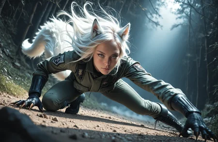 masterpiece, best quality, amazing quality, realistic,
dutch angle, (from above:1.1),
1girl, woman, fox ears, ear tufts, fluffy tail, long white hair, (glowing eyes:0.5), looking at viewer,
squatting, (outstretched leg:1.2), outstretched arm, hand on ground, (claws:1.1), leaning forward, 
military combat uniform, combat boots, 
(toned female:1.1),
fantasy, outdoors, dark background, volumetric lighting, dramatic shadows, sunlight, (wind:1.4)
<lora:Fant5yP0ny:0.3>