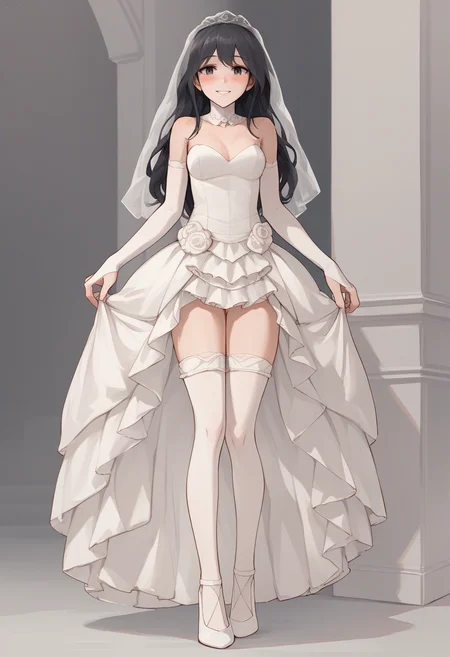 score_9, score_8_up, score_7_up, source_anime BREAK 1girl, solo, <lora:chowbie-artist-richy-v1_pdxl:1> wedding dress, bride, bridal gauntlets, smile, blush, full body, bridal veil, bridal legwear, black hair, black eyes, white dress, white thighhighs