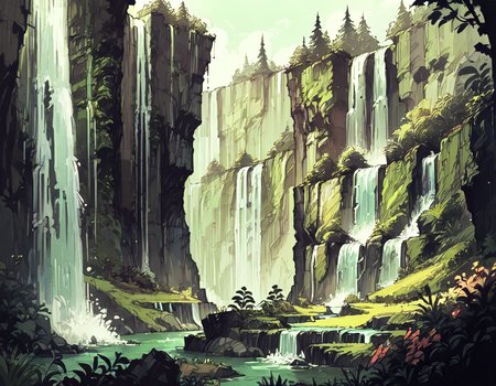 score_9, score_8_up, score_7_up,  <lora:Messy Sketch Style:1>, cliffside with waterfall and medow