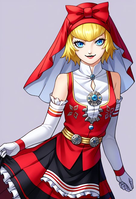 score_9, score_8_up, score_7_up, source_anime BREAK solo, 1girl, <lora:zs_KanekoStyleXL_1:1>, kanekostyle, lipstick, eye shadow, eyelashes, <lora:Idun-pdxl-DoRA_Fp:1>, idunnsmt, short hair, blonde hair, blue eyes, veil, red bow, red dress, vest, frilled skirt, white gloves, elbow gloves, white thighhighs, smile, bare shoulders, miniskirt, black skirt, smile, looking at viewer, brooch, upper body,
