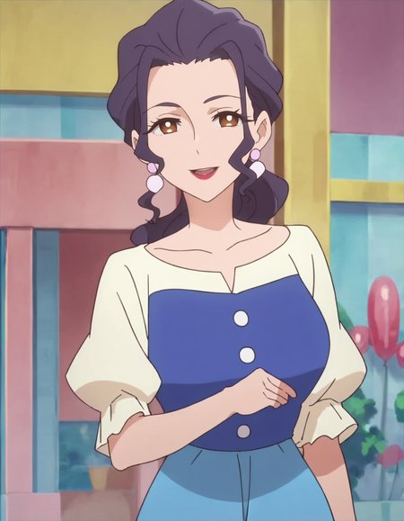 score_9, score_8_up, score_7_up, anime screencap,1girl, solo, jewelry, earrings, purple hair, brown eyes, smile,  looking at viewer, lipstick, long hair, ponytail, open mouth, makeup ,cowboy shot,milf,blue skirt,two colored  shirt,large breasts,<lora:suzumiramiyuki:0.9>