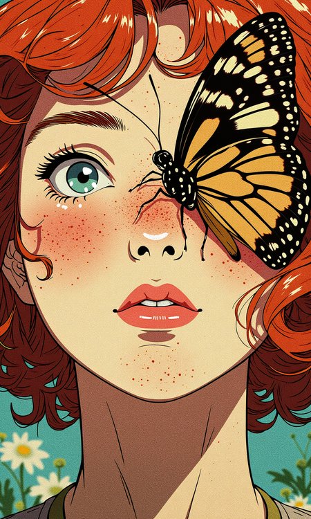A surreal and artistic portrait of a young woman with freckles, her face adorned by a large, vibrant butterfly resting across her eyes. The butterfly's intricate, colorful wings contrast with her pale skin and fiery red hair, creating a dreamlike and ethereal aesthetic. The setting is minimalist, emphasizing the delicate and otherworldly nature of the composition
BREAK anime, OBdonman, d13s3lp2nk,