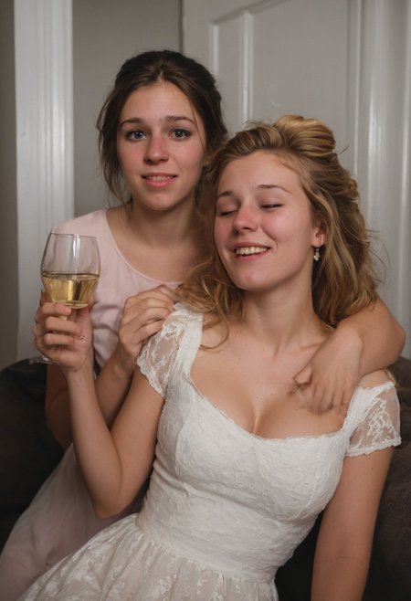 Dark lighting and intimate atmosphere. Sensual and turned on by each other. Drinking sacrament wine.  More drunk. One woman has large breasts.Hyper realistic. More drunk and wasted. Two Mormon sister missionaries getting drunk in their apartment after a long day proselyting. They are obviously visibly very intoxicated.  Leaning together lovingly. Very drunk eyes. Very drunk sultry eye contact. more drunk expression. Disheveled hair. (((Falling, tripping, staggering, dizzy, sleepy))). (((blackout drunk))).Realistic skin. Film grain. Typical lighting wearing a nice modern dress. (((20 year old Mormon Temple square sister  missionary))). Her hair is very disheveled. She drank a lot of tequila(((heavily lidded, drunk eyes))) incoherent, and completely hammered.
 (((incoherent, wasted))) very  drunk. realistic photo.{{{increasingly wasted}}} after having way too much to drink.  (((falling down))) drunken expression. cinematic lighting. (((Flirting))). Soft contented smile. She's completely wasted and wants to have sex tonight.