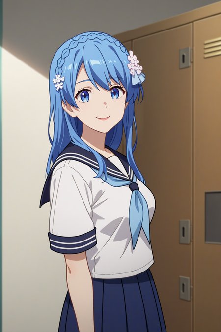 score_9, score_8_up, score_7_up, score_6_up, source_anime, 1girl, solo  <lora:junadoma-pdxl-nvwls-v1-000006:0.9> juna doma, blue hair, blue eyes, braid, hair flower, hair ornament, medium breasts, anime screencap, white shirt, sailor collar, neckerchief, pleated skirt, looking at you, arms behind back, smile, hallway, lockers, from side