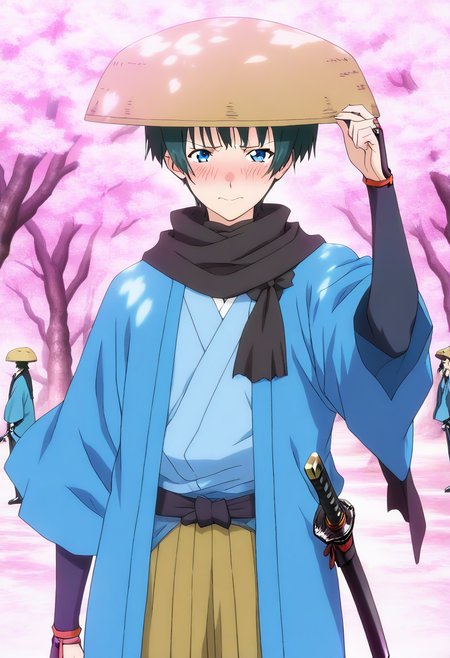 masterpiece, best quality, absurdres, detailed skin, anime colored, anime screencap,
<lora:SaitoE:1> , SaitoE, blush, embarrassed, looking at viewer, averting eyes,
facing viewer, adjusting headwear, 
<lora:kasa:1>, ((kasa)),  hat, 
black scarf, blue haori, katana at waist,
cherry blossoms,