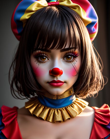 Masterpiece, high quality, 4K, beautiful design, shiny, from the front, award winning photo, extremely detailed, amazing, fine detail, absurdres, highly detailed woman, extremely detailed eyes and face, by lee jeffries nikon d850 film stock photograph 4 kodak portra 400 camera f1.6 lens rich colors hyper realistic lifelike texture dramatic lighting unrealengine trending on artstation cinestill 800 tungsten, solo, 1girl, 
 <lora:Clussy:0.8>, clussy, a woman dressed in a costume with a clown face , wearing clussy, red clown nose