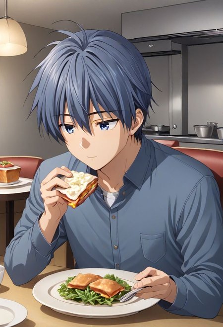 high resolution, solo, best quality, 1Boy, Tomoya Okazaki, Grey Blue Hair, dating, romantic, dinner, OverallDetail