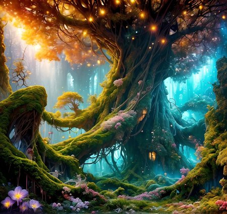 RAW photo, (masterpiece:1.3), subsurface scattering, heavy shadow, (high quality:1.4), (intricate, high detail:1.2), professional photography, HDR, High Dynamic Range, realistic, ultra realistic, photorealistic, high resolution, film photography, ambient lighting, atmospheric effects, <lora:detail_slider_v4:2>, OverallDetail,  a huge magical tree with big roots, there is a cave in its trunk, treehouses, in a fantasy forest with magical lights, godrays, flowers, FeyFa, <lora:FeyAndFairies-10:1>, epiCPhoto