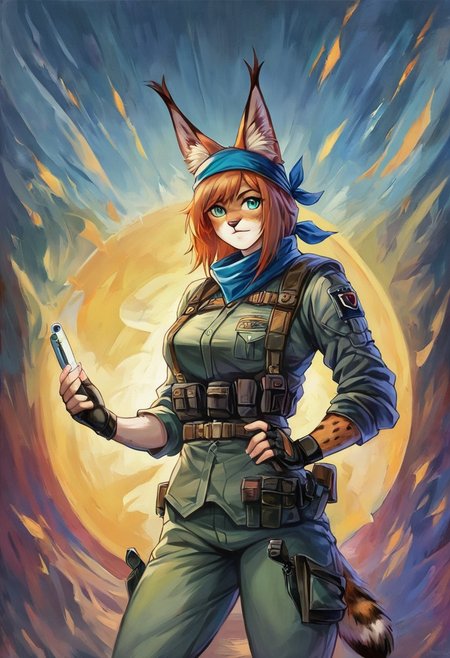 Score 9, Score_8_up, Score_7_up, ng_deepnegative_v1_75t, negative_hand, charturnerv2, knee-deep portrait of adult female,  banners, starship, high technology, shirt, fingerless gloves, soldier uniform,, , anime, Arknight provens, detailed background, cyberpunk, bandana,, furry,  lynx species,  lynx tail, lynx ears, muscle,
