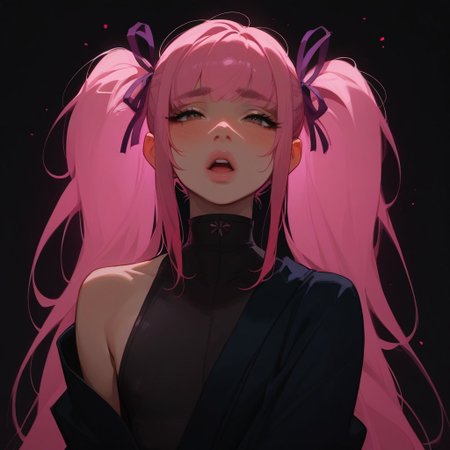 Expressiveh, score_9, score_8_up, score_7_up, score_6_up, score_5_up, score_4_up, 
best quality, highly detailed, ultra high quality, masterpiece, high res, godrays, 
Shy, blushing, aroused, 
1femboy, voluptuous body, dark eyes, small nose, pink hair ponytails with dark purple ribbons,, petite body,
wearing dark purple kimono with one shoulder off with one nipple out, , open kimono,
(dark blank background:1.2), rim lighting, open mouth, posing,