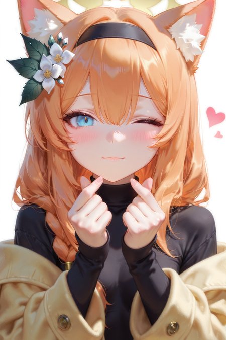 masterpiece,best quality,mari \(blue archive\),blue archive,1girl,animal ear fluff,animal ears,black dress,black hairband,blue eyes,blush,closed mouth,coat,dress,finger heart,flower,hair between eyes,hair flower,hair ornament,hairband,halo,heart,long hair,long sleeves,looking at viewer,one eye closed,orange hair,solo,upper body,white flower,wide sleeves,yellow coat,yellow halo,<lora:Raccoon21style:0.7>,<lora:Shenki_Style_v8_NSFW:0.3>,<lora:MatteSkin_Illustrious_v4:1>,
