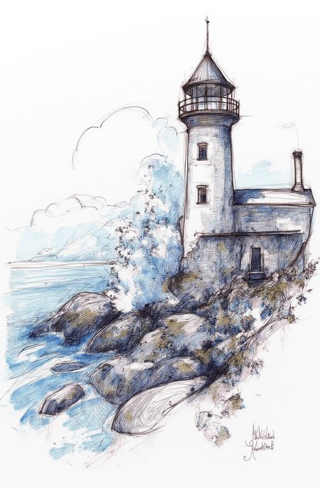 Sharp image of a rough sketch, rendered in vibrant multi colour ballpoint pen, capturing the adorable features of a black and white illustration of a lighthouse on a rocky shore. The lighthouse is tall and slender with a pointed top and a chimney on the right side. It is surrounded by large waves crashing against the rocks, creating a dramatic scene. The sky is cloudy and the overall mood of the image is dark and stormy. The overall mood is dramatic and dramatic.  p3nsk, <lora:p3nsk:1>