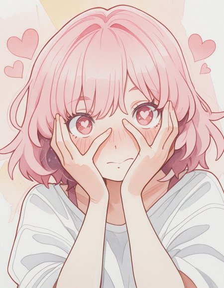 watercolor, traditional watercolor style, paper texture, dutch angle, abstract background,

1girl, solo, pink hair, looking at viewer, heart eyes, blushing, hands over face, 