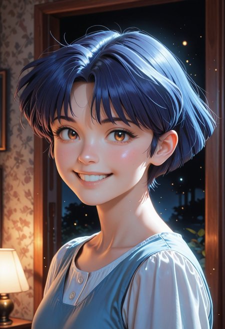 HDR, 8K, high contrast, masterpiece, best quality, amazing quality, very aesthetic, high resolution, ultra-detailed, absurdres, newest, scenery, chiaroscuro, 1girl, solo,akane_tendou, short_hair, blue_hair, brown_eyes, cute smile,  teeth, cute eyes, , dim lighting ,looking back at viewer, dark room, face focus, head shot BREAK, photorealistic, beautiful detailed eyes, detailed skin, detailed hair, volumetric lighting, dappled light, light particles, dramatic shadows, cinematic lighting, photo background, <lora:ponyxl\cfg_scale_boost:0.7> h4v_h0l0,