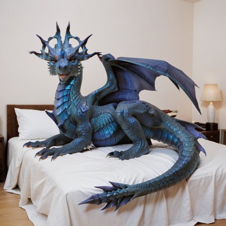 score_9, score_8_up, score_7_up, score_6_up, score_5_up, score_4_up, masterpiece, high quality, realistic, detailed, best quality, white bed, solo, rating_safe, source_furry, bedroom, smiling, seductive, looking at viewer, on bed, full body, close up, queen_narissa, dragon, blue scales, wings, tail, tail end, claws, female, 1girl, red eyes, feral