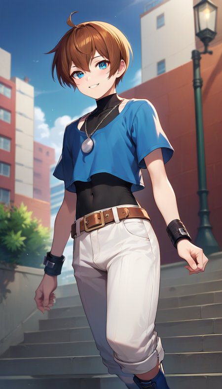 score_9,score_8_up,score_7_up,score_6_up BREAK official art,1boy,solo,outdoors,cowboy shot,looking at viewer,facing viewer,smile,blush,taut clothes,androgynous,androgynous,Chris,short hair,brown hair,hair between eyes,bangs,blue eyes,jewelry,necklace,blue shirt,turtleneck,black vest,short sleeves,wristband,bracelet,vest covered navel,groin,brown belt,white pants,pants rolled up,black socks,blue boots,<lora:Chris(kof)-Pony:1.4>,