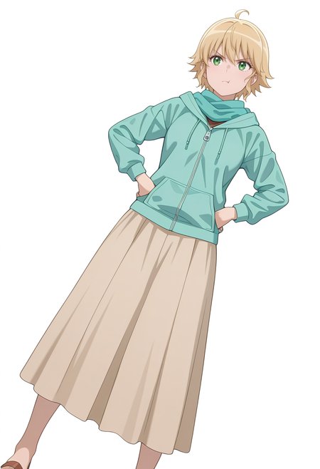 Smooth Quality,masterpiece,very intricate, high quality details, ultra realistic, high detailed skin,
simple background, white background,
dutch angle,:t,twirling hair,standing, hands on hips, feet apart, determined, looking forward,  ,
 <lora:Rembrandt_Yunocnn:0.8> rembrandtyuno/cnn, blonde hair, solo, green eyes,1girl,aqua scarf, 
zip-up hoodie, ,long skirt, ,