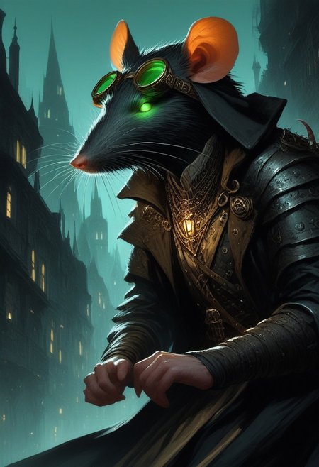 BREAK score_9, score_8_up, score_7_up,  victorian city, night, ominous, solo,  rat man, black longcoat, wearing goggles, green glow eyes, hood, knife, dynamic pose, leaning forward, fully body shot , leather armour, sneaking
(masterpiece, best quality, ultra detailed, intricate details:1.2), (detailed face:1.1), (rat folk:1.5) <lora:RPGRatFolkXL:1>