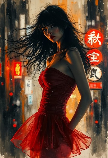 A bold inkplash-meets-watercolor wash artwork, expertly painted on rice paper using rich sepia, burnt henna, and ink-black hues. A Japanese femme fatale, breathtaking and powerful, is silhouetted sharply against a dark, abstract cityscape. Her long, flowing hair dances around her face, her sidelocks framing her piercing, shadowed eyes and bright red lips. She stands confidently in a short, sensual red cocktail dress, accentuating her form under the chaotic, colorful bokeh lights of a busy Tokyo backstreet at night. The lighting is dramatic and intimate, a perfect study in chiaroscuro, mixing shadowy depth with vibrant city light fragments, inspired by Japanese urban noir photography.