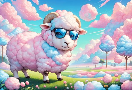 embedding:lazympos, cottoncandy, sheep made of cotton candy, sunglasses, grazing <lora:Challenge_Winnifier_2025-04:0> <lora:SDXLCottonCandy:1>