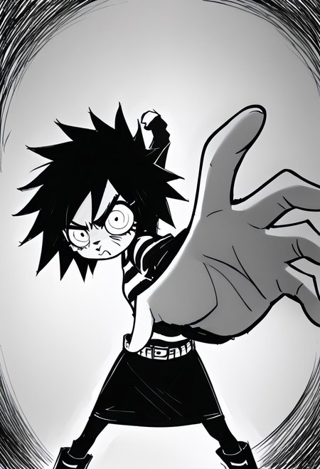 score_9, score_8_up, score_7_up, score_6_up, 1woman, Protagnia, Striped shirt, black sleeves, belt, black skirt, pantyhose, boots, Wide-eyed, angry eyes, furrowed eyebrows, pouting mouth, easynegative, IncrsPunchMeme, incoming punch, monochrome