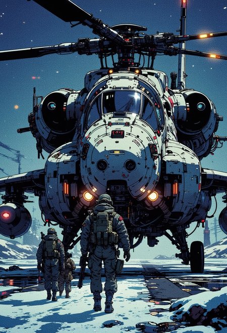 silhouette art, chiascuro, highly detailed anime image of a group of soldiers approaching a futuristic, highly advanced attack helicopter on a military runway amid a snowy landscape at night. The hull is white and grey winter camouflage, with small red livery and military insignia details, and the helicopter has large guns mounted on the exterior; the cockpit shows glowing led lights, and has a large air intake, motion blur on the rotor blades (black with yellow highlights)