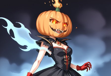 (masterpiece), (score_9, score_8_up, score_7_up,source_anime), 4K8K, 
(from side), misty, steam, fog, Floating Halloween pumpkins, 
halloween, halloween fantasy, (jakkRo), 
(pumpkinhead woman, Pumpkinhead:1.3), (solo), blue flame, burning pumpkin, (dark aura:1.4), (smirk, half-opened mouth, Canine, tooth, fang1.2), 
(medium figure:0.9), (pointy breasts:1.1), 
(glowing eyes), 
(wearing vampire cos, dress, makeup, red and black dress, Miniature Hats, culottes, red gloves:1.2), 
(emperor's audience room, dark room:1.3), elf ears,