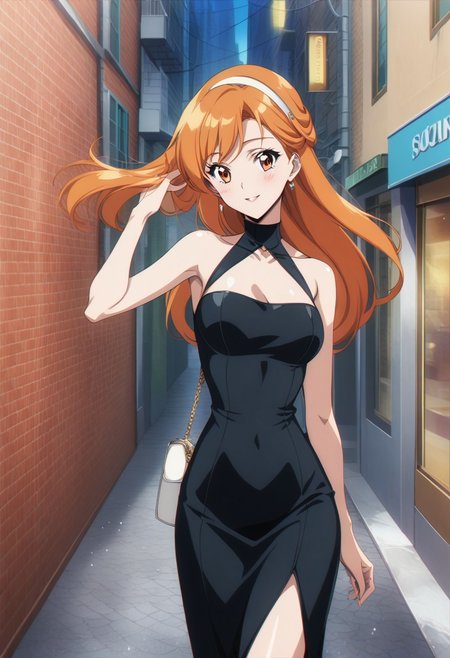score_9, score_8_up, score_7_up, score_6_up, source_anime. 
BREAK 1girl, solo
BREAK orange hair, orange eyes, long hair, swept bangs, half-updo, Dongtan dress, black dress, glamorous, glitter, hair flip, handbag, hairband, smile, blush, outdoors, city, sidewalk, street, retro artstyle