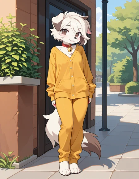 masterpiece, best quality, very aesthetic, absurdres,
outdoors, casual, 
full body, standing, posing, 
seductive smile, parted lips, long eyelashes,
 <lora:Infi_v01_NAIXL:1>,
1nf1,1girl,solo,furry,furry female,dog girl,dog ears,short hair,white hair,brown eyes,snout,animal nose,collar,neck bell,body fur,white fur,dog tail,