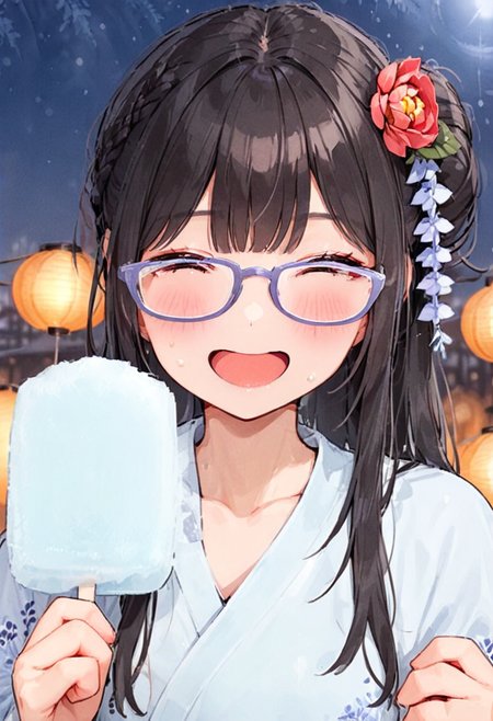 masterpiece, best quality, very aesthetic, absurdres,
1girl, solo, glasses, black hair, food, long hair, blush, holding, holding food, yukata, floral print, hair ornament, hair flower, hair bun, uchiwa, paper fan, paper lantern, night, blurry background, happy, laughing,
garigarikun, summer, night, paper lantern, 
<lora:garigarikun_SDXL_V1:1>