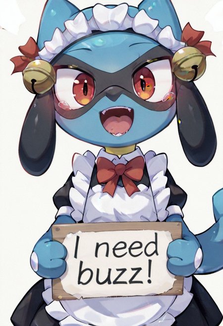 riolu, clothed pokemon, maid, maid headdress, maid apron, white apron, black dress, short sleeves, jingle bell, red bow, bowtie,
masterpiece,best quality,amazing quality, newest, very awa, 
^_^ eyes, happy, open mouth, teeth, masterpiece, best quality, amazing quality, 8k, face focus, face only, looking at viewer, holding sign with text "need buzz", buzz