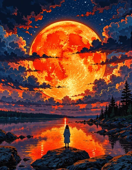 breathtaking, painterly fantasy landscape at night. A lone person, seen from the waist up, stands at the edge of a rocky shore, facing away from the viewer and towards a calm body of water. The person is wearing a light-colored robe or cloak.  Reflecting perfectly in the water is a gigantic, glowing orange full moon dominating the sky.  The sky is a dramatic canvas of swirling orange, red, and deep blue clouds, some outlined in dark shades, suggesting a stormy yet beautiful night sky. Above the moon, faint stars are visible in the dark blue parts of the sky.  The shoreline is made of dark, jagged rocks and some trees silhouetted against the fiery sky. In the distance, across the water, a dark treeline suggests distant land. The overall lighting is dramatic and warm, emanating from the moon and reflecting in the water, casting long shadows.  The artistic style should be a vibrant digital painting with rich textures and brushstrokes, reminiscent of fantasy anime landscapes, emphasizing the dramatic scale of the moon and the serene yet powerful atmosphere, <lora:Cozy_Paradise:0.8>, <lora:fluxenhancer:0.4>, <lora:Vibrantly_sharp_style_v.2:0.8>, <lora:RetroAnimeFluxV1:0.5>