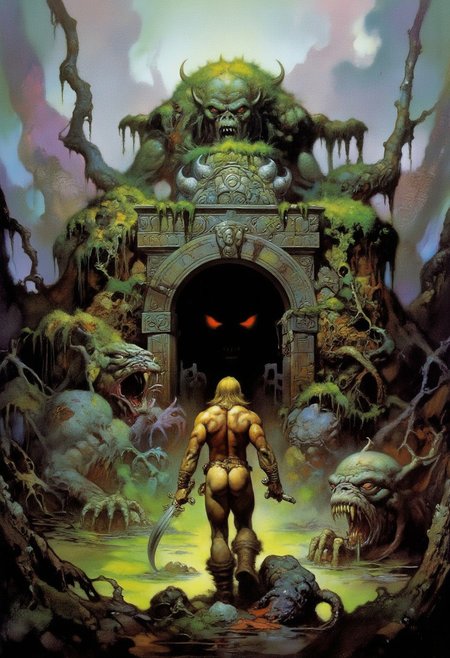 Comic book style 8k high quality digital painting, Boris Vallejo style, retro artstyle, score_9, score_8_up, score_9_up, very detailed, ultra realistic, (best quality) full body, very detailed masterpiece, RetroSci style, an ancient warrior is entering a forgotten big temple, sword in his hand, very muscular, loingloth, overgrown stone walls, moss, swamp, flesh eating plants, demonic stone statues at the temple entrance also overgrown, the entrance is black only a pair of red glowing demon's eyes are visible, foggy, fantasy, surrealism, dreamscape, dramatic illumination, and dynamic lighting, full body