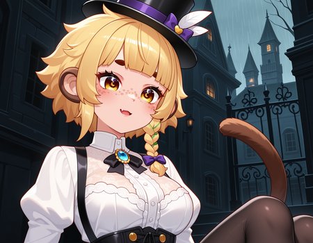 1girl, solo, <lora:BananaJuju_v2:0.8> bananajuju, short hair, symbol in eye, side braid, blunt bangs, freckles, monkey ears, monkey tail, skin fang, blunt bangs, blonde hair, medium breasts,
aristocrat fashion, high collar dress, corset, lace blouse, black pantyhose, ankle boots, top hat, brooch, (upper body shot), detailed face, located in a horrifying scene at a creepy mansion during late evening with rainy weather, illuminated by eerie glow, creating a creepy,terrifying atmosphere