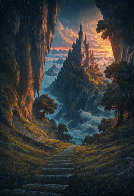 (from above:1.2), masterpiece, best quality,  stbedap, depth of field, scenery, outdoors, cloud, no humans, sky, cloudy sky, castle, grass, stairs, nature, sunset, rain, tree, mountain, Fantasy, atmospheric perspective,Landscape <lora:cfg_scale_boost:0.5> <lora:Fant5yP0ny:0.5> <lora:Nature_Realistic_illustrations-_Illustrious:0.7> <lora:S1_Dramatic_Lighting_v2:0.9>