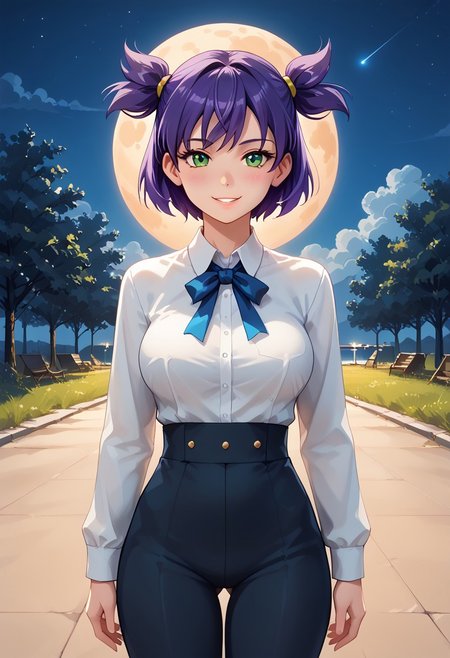 score_9, score_8_up, score_7_up, lena, purple hair, green eyes, short hair, short twintails, twintails, two side up, bangs, solo, dynamic view, outside, night, beautiiful stars and moon, wind, amazing background, volumetric lighting, vivid colours, Expressiveh, glowing, flirty face, wide hips, big breasts, flirty, horny, slutty, blush, slutty smile,