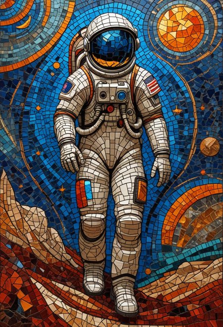 (expressionism, abstract, patchwork, stained glass, mosaic) of a  astronaut on planet mars, intricate details, masterpiece, best quality, very aesthetic