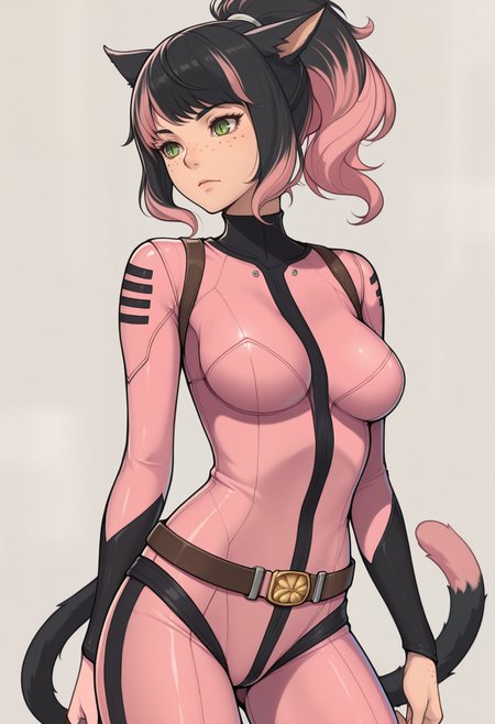 masterpiece, best quality, solo, 1girl, <lora:clamchan_illu:1> animal ears, black hair, pink hair, multicolored hair, ponytail, green eyes, slit pupils, freckles, cat tail, <lora:edgSBYbodysuitILS:0.8> wearing edgsby_(bodysuit), pink bodysuit, belt