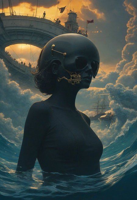 front portrait Photography, art by Sergio Lopez ,  Japanese animation, Skeletal survivors, photography, natural lighting, volumetric lighting maximalist. intricately detailed, complex, elegant,  most of the picture shows water,  trending on ArtStation,   whimsy and mystery, masterpiece, retro style, a pop Courreges 2 attractive air hostess with large sunglasses mask, 80 degree view, James Jean and Salvador Dali, 
Twilight has spilled the ink,  scary, in a dark room, 8k scenery, watercraft, cloud, sky, ship, 
The traffic stops,