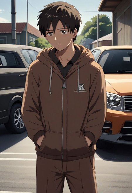 high resolution, solo, best quality, 1Boy, Takaki Toono, Brownish Hair, Brown Eyes, lounge suit, hoodie, car garage, OverallDetail