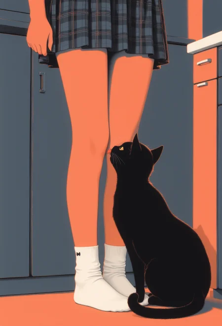 1girl, standing, kitchen, feeding pet, black cat rubbing against leg, purring, realistic drawing, no human, masterpiece, very aesthetic, absurdres, drop shadow,  casual, traditional media, limited palette, twilight,  blending, socks, no shoes, plaid skirt,