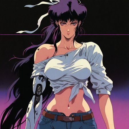 retro_cyberpunk, retro, retro artstyle, 1girl, solo, alone, upper body, mechanical arms, looking at the viewer, asymmetrical clothes, navel, purple eyes, very long hair, tied shirt, midriff, hair ribbon, single pantsleg, white shirt, ponytail, black hair, large breasts, jeans, white ribbon, brown belt, purple hair, asymmetrical legwear, masterpiece, highres