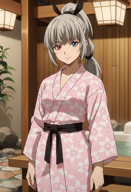 score_7_up, anime screencap,
<lora:TenSura_LuminousValentineXL:0.9>,
1girl, solo, closed mouth, light smile,
high ponytail, long hair, grey hair, heterochromia, red eyes, blue eyes, hair ribbon, black ribbon,
ValentineKimono, bath yukata, floral print, pink kimono, black sash,
standing, looking at viewer, cowboy shot,
blurry background, indoors, onsen