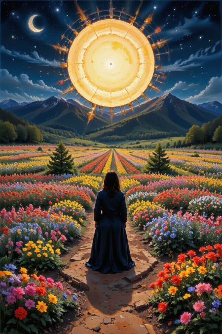 (flower garden) Kyrgyz bright luminous night, beautiful landscape, woman, intricate, very detailed, sharp, colorful, multilayer painting, <lora:Hand v2:1> <lora:Anti-Blur:1> <lora:Insane Detail Slider:0.5>   <lora:Flux.1_Turbo_Detailer:0.6> <lora:flux-photo-transparent_Alpha_1.0:0.8> <lora:flux.1_lora_flyway_Epic-detail_v2:0.6> <lora:Painterly01b_CE_FLUX_AIT:1> pntrlyCE_style, <lora:VividlySurreal:0.8>