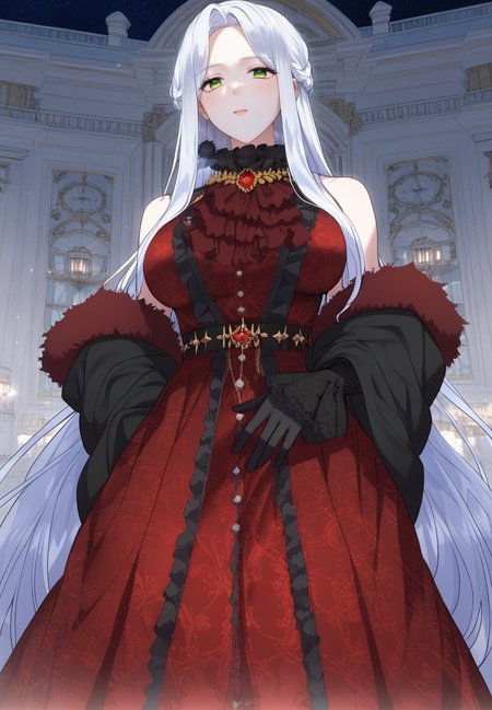 zPDXL3, score_9_up, score_8_up, score_7_up, (Anime_source),Masterpiece,(perfect female body:1.2), small waist,(incredibly detailed:1.4), slim, beautiful fingers, beautiful white skin, Beautiful clear skin, perky breasts, looking at viewer, ass, perfect ass, (large breasts:1.3) (huge breasts:1.1) <lora:Sierra_Fernein_-_Im_Going_On_Strike_Because_I_Have_Limited_Time-PONY-Kaleid:1>  sierrafernein, 1girl, long hair, white hair, green eyes, gloves, red dress, braid, looking down, from below,