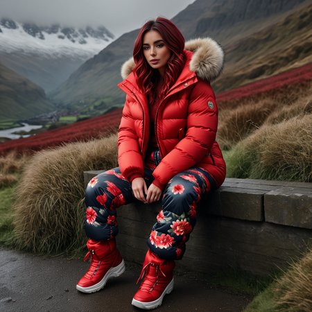 (full body shot| ) (dark cinematic still, dark vibes) cute british woman ,unique, wearing  floral snowpants and red extra_puffy_jacket,  unique hair styles, 8k uhd, dslr, high quality, photorealistic, realism, hyperrealism,((sitting scene)), outdoors
 <lora:snowpants_v1-000003:0.4>
 <lora:Puffer_Jacket_and_Down_Jacket_-_Extra_Puffy_Jackets:0.4>