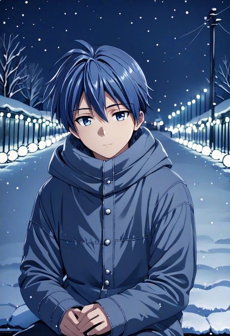 high resolution, solo, best quality, 1Boy, Tomoya Okazaki, Grey Blue Hair, winter, Northern Lights, Stargazing, OverallDetail