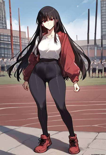 zPDXL3, score_9_up, score_8_up, score_7_up, (Anime_source), Sport camp background, score_9, score_8_up, score_7_up, score_6_up, source_anime, 1girl, solo, <lora:ainanasaki-pdxl-nvwls-v1-000005:1> 1girl, Feng Ling, red eyes, black hair, long hair, medium breast, looking at viewer, cowboy shot, toned, looking at you, portrait, white shirt, prostetic left arm, tights red sport shorts, sneakers, looking at viewer, outdoor, solo, full body, standing, dynamic pose,