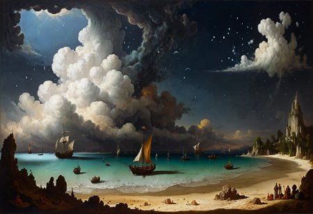 legendary landscape, beach, ocean, (cumulonimbus clouds:1.3), islands, sailboats  <lora:add-detail-xl:0.7> <lora:xl_more_art-full_v1:0.7>  <lora:sdxl/nicola_samori_dark_art_style:0.7> in the style of Nicola Samori
